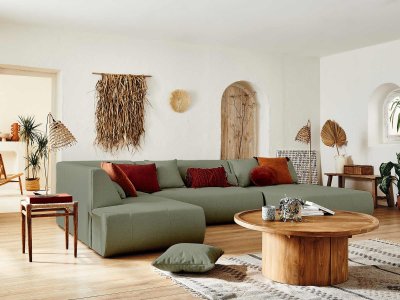 BEST MOBILIER Lisa Design - Onyx - canap&eacute; modulable panoramique d'angle Gauche 7 Places - en Tissu - Vert Sauge