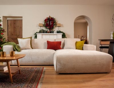 BEST MOBILIER Lison - Canap&eacute; d'angle droit 4 places en velours textur&eacute; - Beige