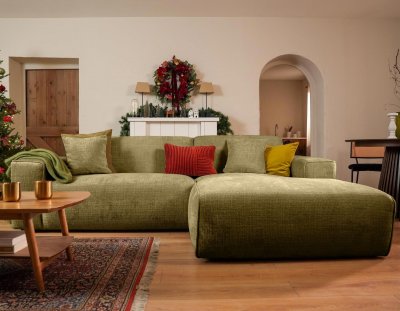  Lison - Canap&eacute; d'angle droit 4 places en velours textur&eacute; - Vert Kaki