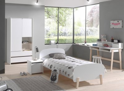 VIPACK Lit 90x200 - chevet 1 porte - armoire 2 portes et bureau kiddy - blanc