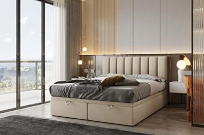 Lit adulte rembourr&eacute; Bond avec rangement et matelas ressorts ensach&eacute;s 200x200 en beige