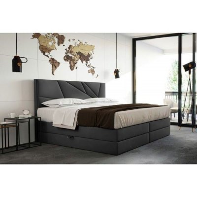Lit adulte rembourr&eacute; VERDE LUX 200x200 avec rangement et matelas ressorts ensach&eacute;s en gris fonc&eacute;