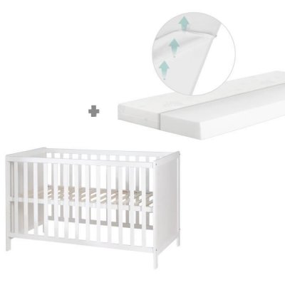 ROBA Lit B&eacute;b&eacute; 2 en 1 -  - Blanc - Sommier R&eacute;glable - Matelas Inclus