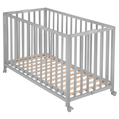 ROBA Lit B&eacute;b&eacute; Pliant En Bois Massif  - Fold Up - Hauteur R&eacute;glable - Roulettes &Agrave; Freins - Taupe Gris