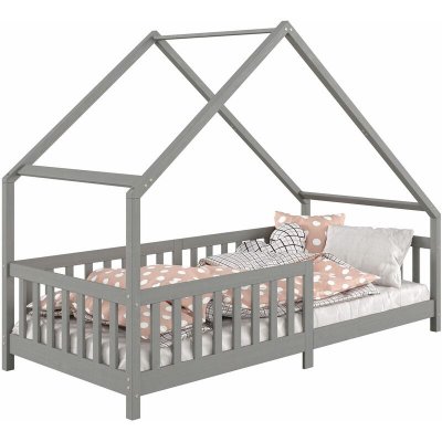 IDIMEX Lit cabane asym&eacute;trique CORA 90 x 190 cm en pin massif lasur&eacute; gris