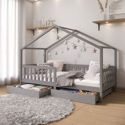 Lit cabane ELEA avec tiroirs, 90 x 200 cm en pin massif lasur&eacute; gris