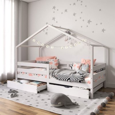 IDIMEX Lit cabane ENA avec tiroirs, 90 x 200 cm en pin massif lasur&eacute; blanc