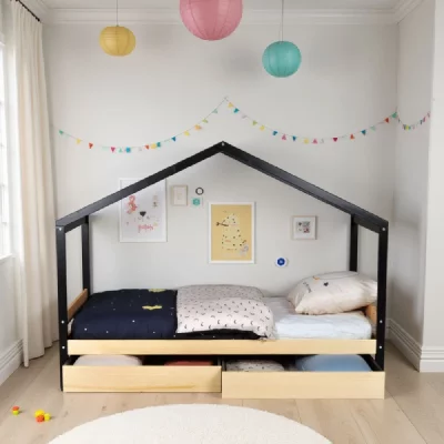 LES TENDANCES Lit cabane enfant  90 x 190 cm + 2 tiroirs + sommier WOOD