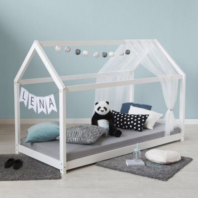 HOMESTYLE4U Lit cabane enfant en bois blanc 90 x 200cm 1849