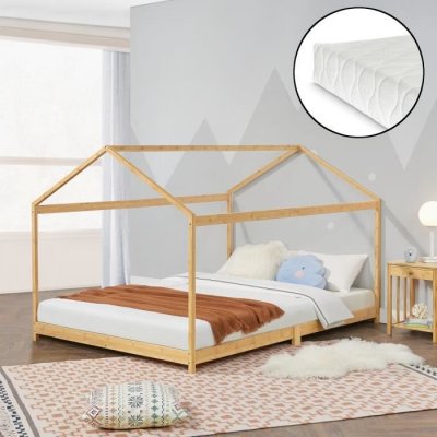 EN.CASA Lit cabane enfant Vindafjord 140x200cm en bambou naturel avec matelas et sommier &agrave; lattes []