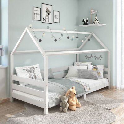IDIMEX Lit cabane FINA 90 x 190 cm, en pin massif lasur&eacute; blanc