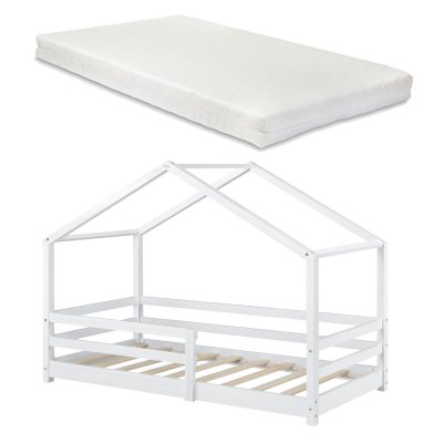 [EN.CASA] Lit Cabane Kn&auml;tten avec Grille de Protection et Matelas Mousse &agrave; Froid 200 x 90 cm Blanc 