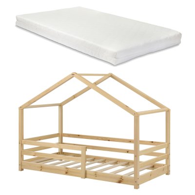 [EN.CASA] Lit Cabane Kn&auml;tten avec Grille de Protection et Matelas Mousse &agrave; Froid 200 x 90 cm Naturel 