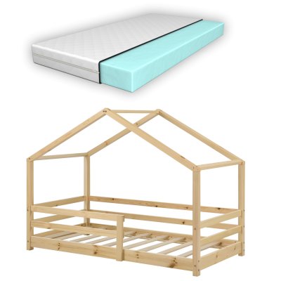 [EN.CASA] Lit Cabane Kn&auml;tten avec Grille de Protection et Matelas Orthop&eacute;dique 140 x 70 cm Naturel 