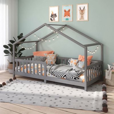 Lit cabane LISAN 90 x 190 cm, en pin massif lasur&eacute; gris