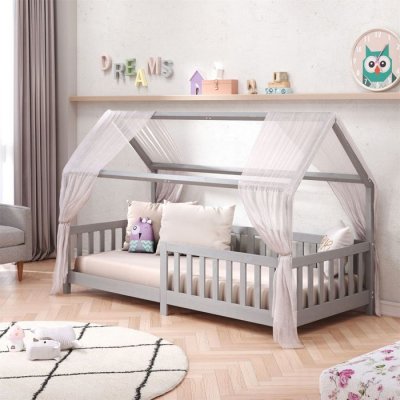 IDIMEX Lit cabane NINA 90 x 190 cm, en pin massif lasur&eacute; gris