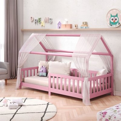 IDIMEX Lit cabane NINA 90 x 190 cm, en pin massif lasur&eacute; rose