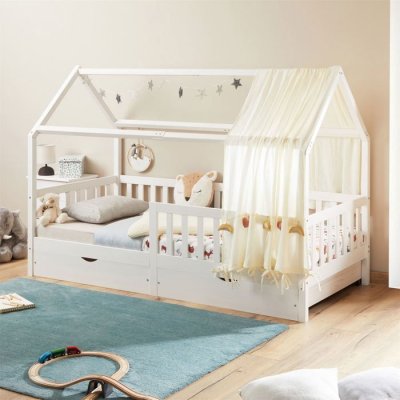 IDIMEX Lit cabane NUNA avec tiroirs, 90 x 200 cm en pin massif lasur&eacute; blanc