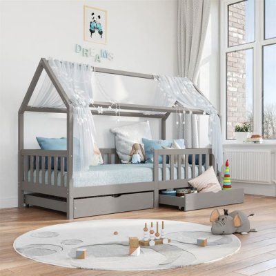 IDIMEX Lit cabane NUNA avec tiroirs, 90 x 200 cm en pin massif lasur&eacute; gris