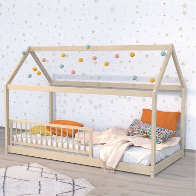 WEBER INDUSTRIES Lit cabane PANDA 90x190 + 1 sommier + barri&egrave;re /Naturel