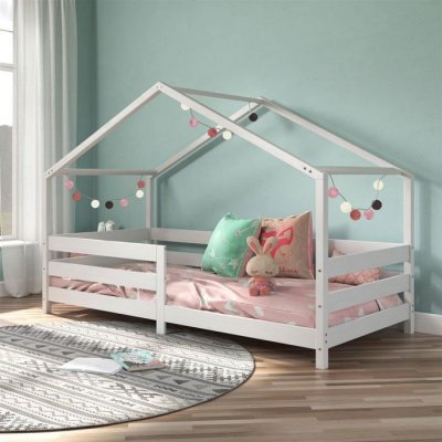 Lit cabane RENA 90 x 190 cm, en pin massif lasur&eacute; blanc
