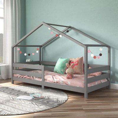IDIMEX Lit cabane RENA 90 x 190 cm, en pin massif lasur&eacute; gris