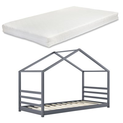 [EN.CASA] Lit Cabane Vard&oslash; avec Grille et Matelas &agrave; Mousse &agrave; Froid 90 X 200 cm Gris Fonc&eacute;