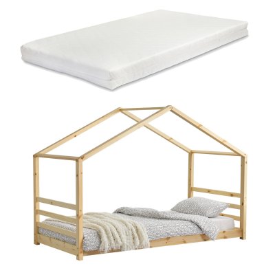 [EN.CASA] Lit Cabane Vard&oslash; avec Grille et Matelas &agrave; Mousse &agrave; Froid 90 X 200 cm Naturel 