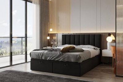 Lit Continental Bond 200x200 Noir avec Sommier et Matelas Ressorts Ensach&eacute;s
