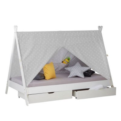 HOMESTYLE4U Lit D'enfant Avec Matelas Lit Cabane Lit 90x200 Cm Lit De Tente En Bois Blanc Avec Tiroirs