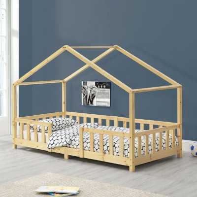 EN.CASA Lit d'Enfant Forme Maison avec Grille de Protection Treviolo 200 x 90 cm Bois naturel []