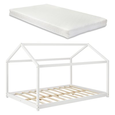 [EN.CASA] Lit d'Enfant Forme Maison Cerro avec Matelas Mousse &agrave; Froid 120 x 200 cm Blanc 