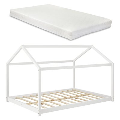 [EN.CASA] Lit d'Enfant Forme Maison Cerro avec Matelas Mousse &agrave; Froid 140 x 200 cm Blanc 