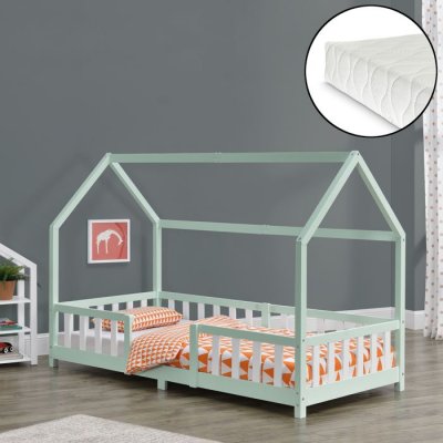 EN.CASA Lit d'enfant Forme Maison Sisimiut avec Matelas &agrave; Mousse &agrave; Froid 200 x 90 cm Menthe Blanc []