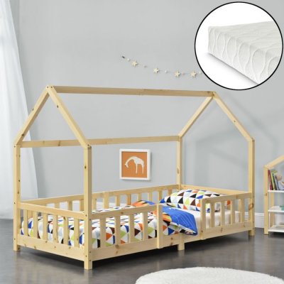 EN.CASA Lit d'enfant Forme Maison Sisimiut avec Matelas &agrave; Mousse &agrave; Froid 200 x 90 cm Naturel []
