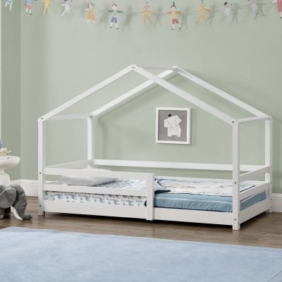 EN.CASA Lit d'enfant maison avec barreaux de s&eacute;curit&eacute; pin naturel 70 x 140 cm blanc mat laqu&eacute; []