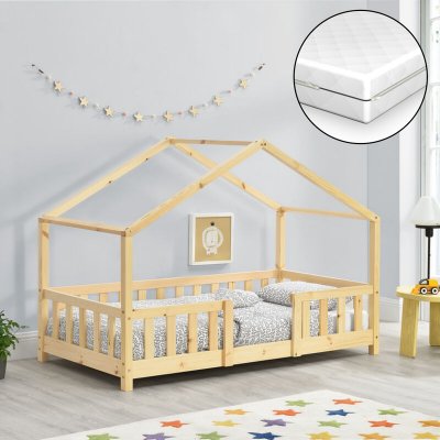 [EN.CASA] Lit d'enfant Treviolo Forme Maison avec Matelas Orthop&eacute;dique 160 x 80 cm Bois Naturel 
