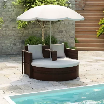 VIDAXL Lit de jardin avec parasol Marron R&eacute;sine tress&eacute;e  Marron