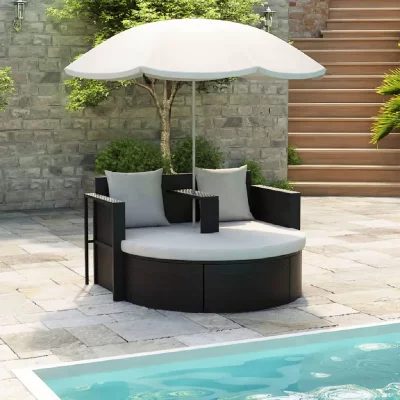 VIDAXL Lit de jardin avec parasol Noir R&eacute;sine tress&eacute;e  Noir et blanc