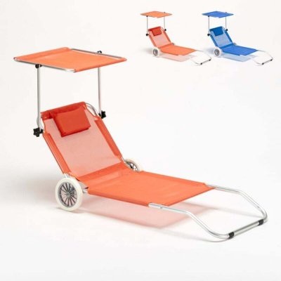 BEACH AND GARDEN DESIGN Lit de plage aluminium pliant bain de solat roues pare soleil Bananaeil trans Couleur: Orange