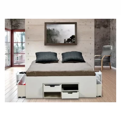Lit double JAZZ 140x190 7 tiroirs + 2 chevets / Blanc/ 193x145x45