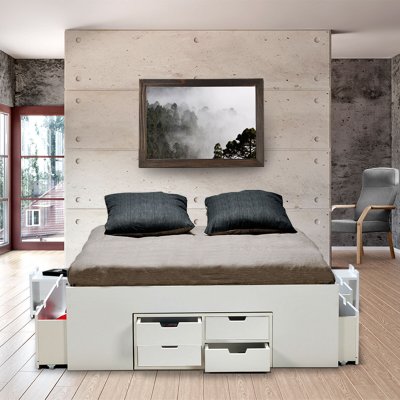 Lit double JAZZ 160x200 7 tiroirs + 2 chevets / Blanc/ 202x164x45
