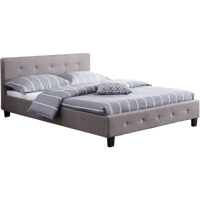 Lit double JOSY, 140 x 190 cm, capitonn&eacute; avec sommier, rev&ecirc;tement en tissu gris