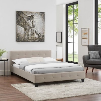 Lit double MATHIEU, 140 x 190 cm, capitonn&eacute; avec sommier, rev&ecirc;tement en tissu beige
