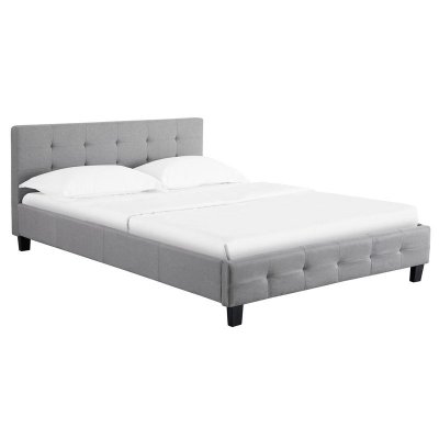 Lit double MATHIEU, 140 x 190 cm, capitonn&eacute; avec sommier, rev&ecirc;tement en tissu gris