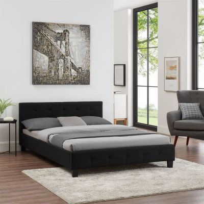 Lit double MATHIEU, 140 x 190 cm, capitonn&eacute; avec sommier, rev&ecirc;tement en tissu noir