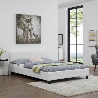Lit double MATHIEU, 140 x 190 cm, capitonn&eacute; avec sommier, rev&ecirc;tement synth&eacute;tique blanc