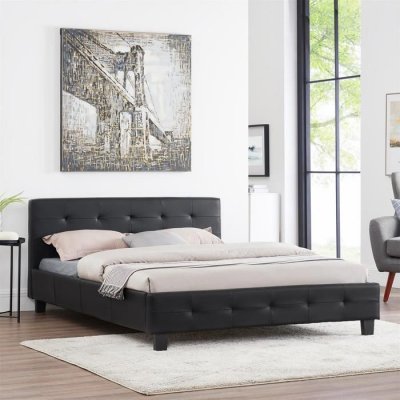Lit double MATHIEU, 140 x 190 cm, capitonn&eacute; avec sommier, rev&ecirc;tement synth&eacute;tique noir