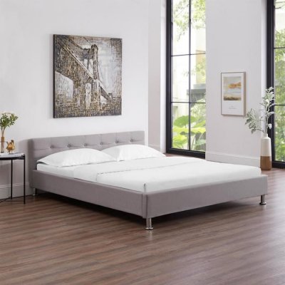 Lit double NIZZA, 160 x 200 cm, capitonn&eacute; avec sommier, rev&ecirc;tement en tissu gris
