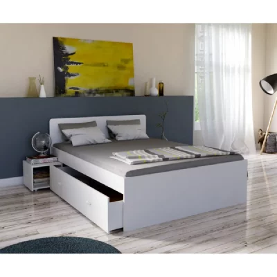 Lit double zenia 160x200 + 2 chevets + 2 tiroirs / Blanc/ 205x164x80